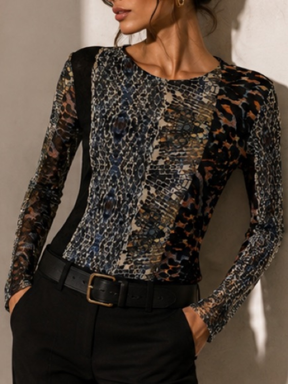 Petit Pois Multicolor Animal Print Top Double Layer Mesh Long Sleeve Excellent M